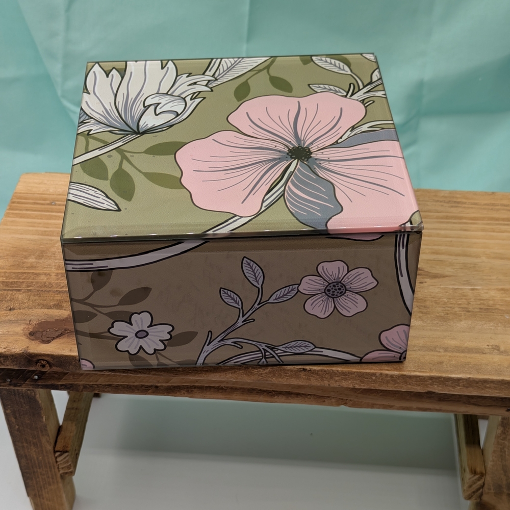 Glass Floral Decorative Box - Pink and Green